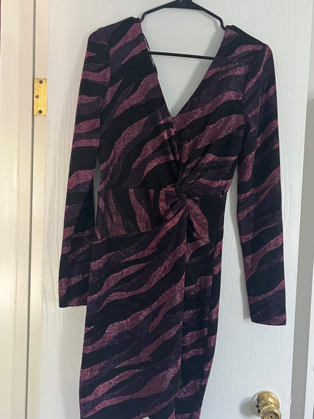 Siena Studio Black and Metallic Purple Zebra-Stripe Long Sleeve Twist Dress